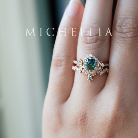 [Selene] Natural Teal Sapphire Moon Goddess Engagement Ring w/ Pave Shank, 18K Rose Gold, One of A Kind & Ready-to-Ship Women's Ring michelliafinejewelry
