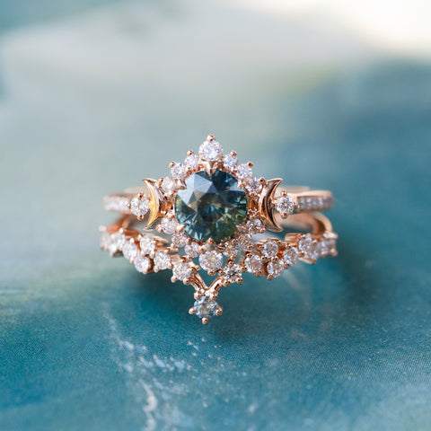 [Selene] Natural Teal Sapphire Moon Goddess Engagement Ring w/ Pave Shank, 18K Rose Gold, One of A Kind & Ready-to-Ship Women's Ring michelliafinejewelry