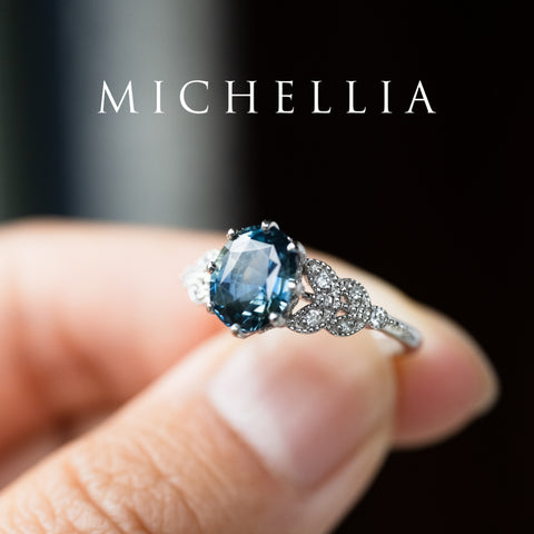 [Olivia] Enchanted Forest Natural 1.80ct Teal Sapphire Oval Floral Engagement Ring, 14K White Gold - One of A Kind & Ready-to-Ship Women's Ring michelliafinejewelry