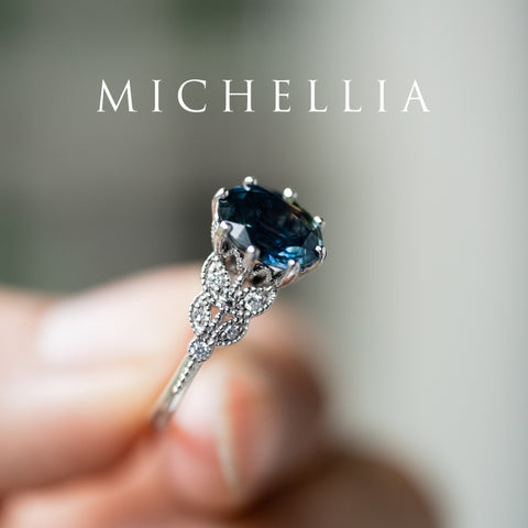 [Olivia] Enchanted Forest Natural 1.80ct Teal Sapphire Oval Floral Engagement Ring, 14K White Gold - One of A Kind & Ready-to-Ship Women's Ring michelliafinejewelry