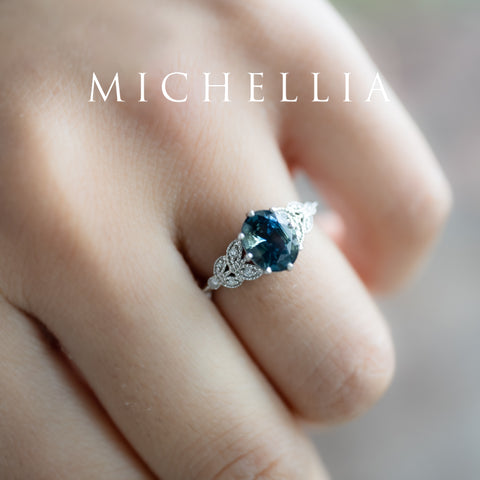 [Olivia] Enchanted Forest Natural 1.80ct Teal Sapphire Oval Floral Engagement Ring, 14K White Gold - One of A Kind & Ready-to-Ship Women's Ring michelliafinejewelry
