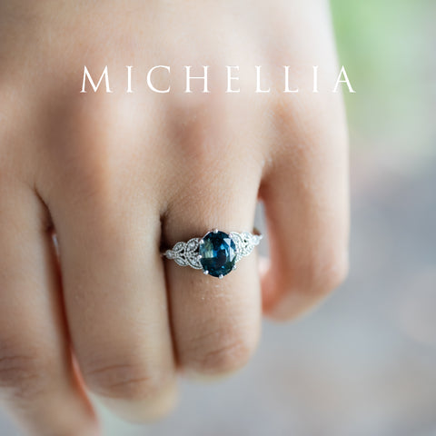 [Olivia] Enchanted Forest Natural 1.80ct Teal Sapphire Oval Floral Engagement Ring, 14K White Gold - One of A Kind & Ready-to-Ship Women's Ring michelliafinejewelry
