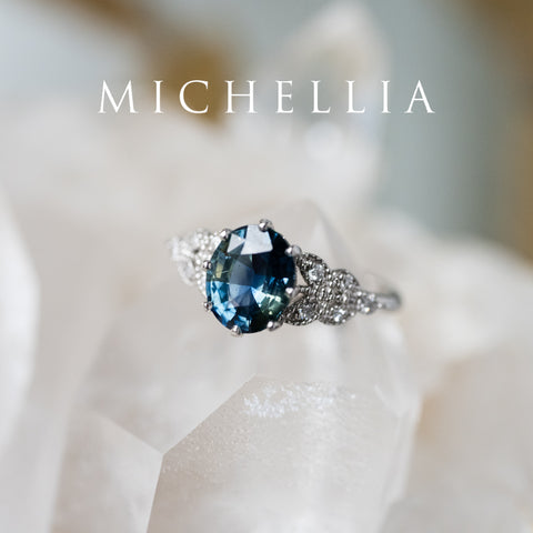 [Olivia] Enchanted Forest Natural 1.80ct Teal Sapphire Oval Floral Engagement Ring, 14K White Gold - One of A Kind & Ready-to-Ship Women's Ring michelliafinejewelry