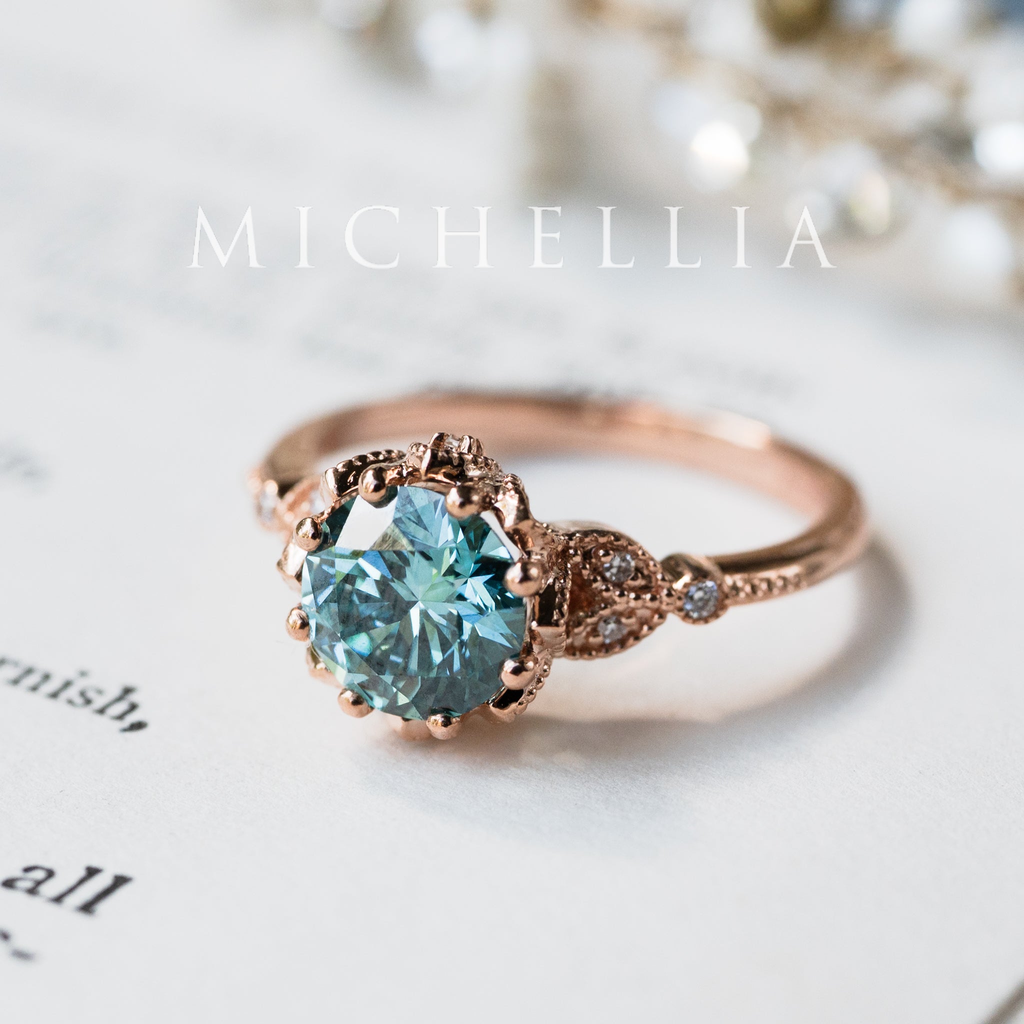 [Evanthe] Bloom of the Sea - IGI Certified 1.38 ct Teal Blue Diamond Vintage Floral Engagement Ring, One of A Kind & Ready-to-Ship