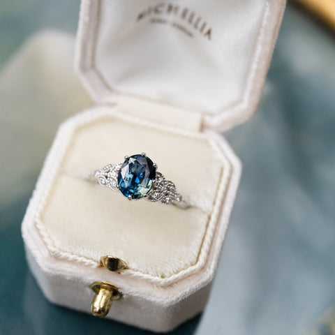 [Olivia] Enchanted Forest Natural 1.80ct Teal Sapphire Oval Floral Engagement Ring, 14K White Gold - One of A Kind & Ready-to-Ship Women's Ring michelliafinejewelry