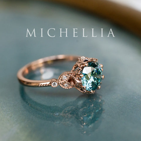 [Evanthe] Bloom of the Sea - IGI Certified Teal Blue Diamond Vintage Floral Engagement Ring, One of A Kind & Ready-to-Ship Women's Ring michelliafinejewelry