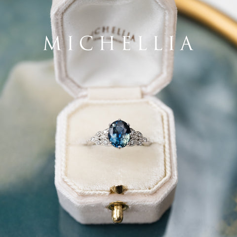 [Olivia] Enchanted Forest Natural 1.80ct Teal Sapphire Oval Floral Engagement Ring, 14K White Gold - One of A Kind & Ready-to-Ship Women's Ring michelliafinejewelry