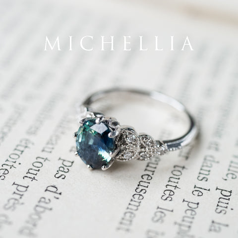 [Olivia] Enchanted Forest Natural 1.80ct Teal Sapphire Oval Floral Engagement Ring, 14K White Gold - One of A Kind & Ready-to-Ship Women's Ring michelliafinejewelry