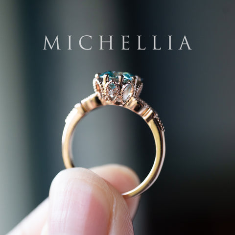 [Evanthe] Bloom of the Sea - IGI Certified Teal Blue Diamond Vintage Floral Engagement Ring, One of A Kind & Ready-to-Ship Women's Ring michelliafinejewelry