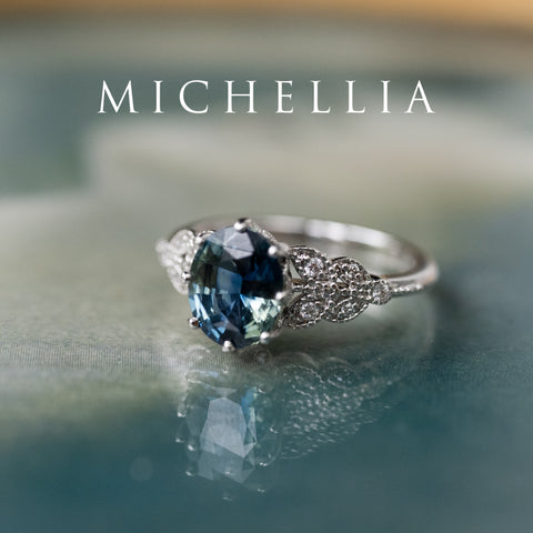 [Olivia] Enchanted Forest Natural 1.80ct Teal Sapphire Oval Floral Engagement Ring, 14K White Gold - One of A Kind & Ready-to-Ship Women's Ring michelliafinejewelry