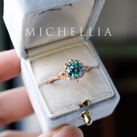 [Evanthe] Bloom of the Sea - IGI Certified Teal Blue Diamond Vintage Floral Engagement Ring, One of A Kind & Ready-to-Ship Women's Ring michelliafinejewelry