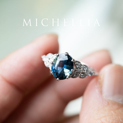 [Olivia] Enchanted Forest Natural 1.80ct Teal Sapphire Oval Floral Engagement Ring, 14K White Gold - One of A Kind & Ready-to-Ship Women's Ring michelliafinejewelry