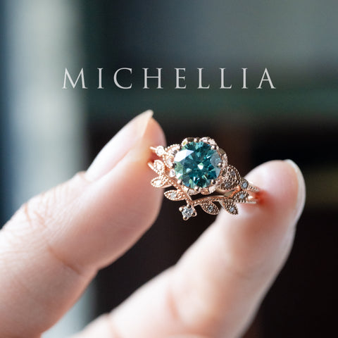 [Evanthe] Bloom of the Sea - IGI Certified Teal Blue Diamond Vintage Floral Engagement Ring, One of A Kind & Ready-to-Ship Women's Ring michelliafinejewelry