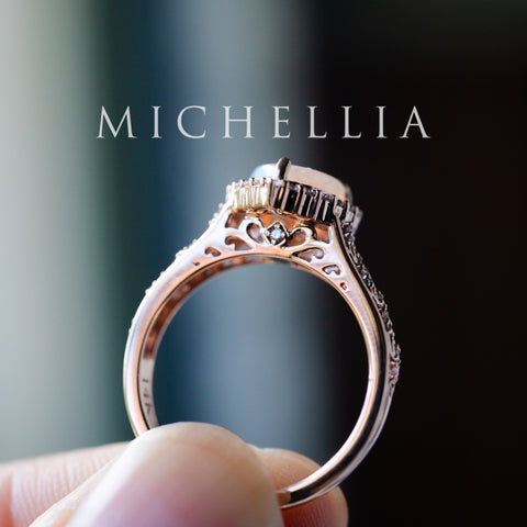 [Ophelia] Natural Australian Opal Heart Cut Rococo Engagement Ring, 14K Rose Gold - One of A Kind