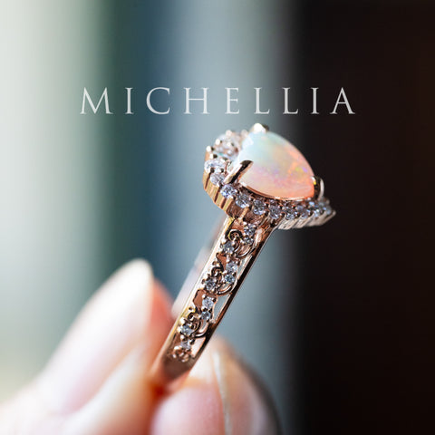 [Ophelia] Natural Australian Opal Heart Cut Rococo Engagement Ring, 14K Rose Gold - One of A Kind