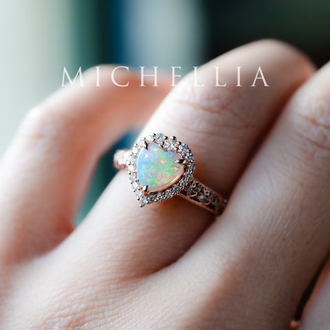 [Ophelia] Natural Australian Opal Heart Cut Rococo Engagement Ring, 14K Rose Gold - One of A Kind