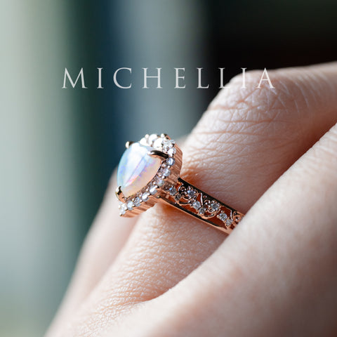 [Ophelia] Natural Australian Opal Heart Cut Rococo Engagement Ring, 14K Rose Gold - One of A Kind