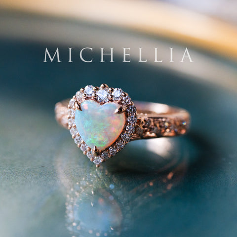 [Ophelia] Natural Australian Opal Heart Cut Rococo Engagement Ring, 14K Rose Gold - One of A Kind