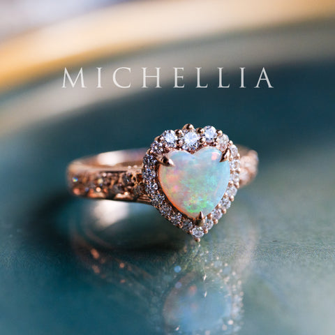 [Ophelia] Natural Australian Opal Heart Cut Rococo Engagement Ring, 14K Rose Gold - One of A Kind