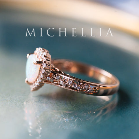[Ophelia] Natural Australian Opal Heart Cut Rococo Engagement Ring, 14K Rose Gold - One of A Kind