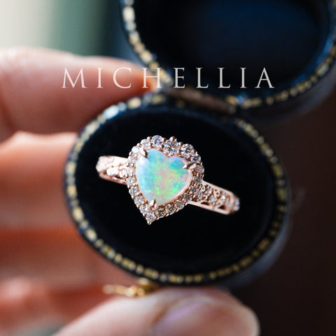 [Ophelia] Natural Australian Opal Heart Cut Rococo Engagement Ring, 14K Rose Gold - One of A Kind
