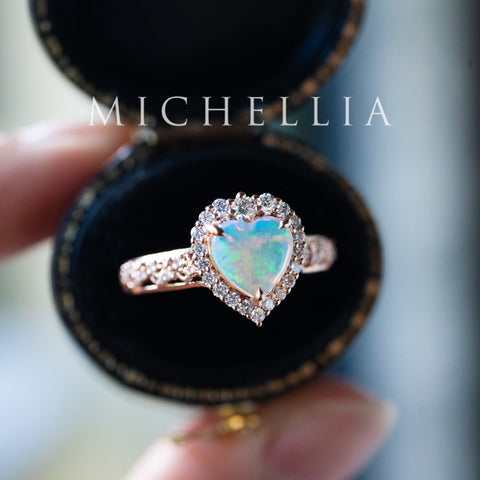 [Ophelia] Natural Australian Opal Heart Cut Rococo Engagement Ring, 14K Rose Gold - One of A Kind