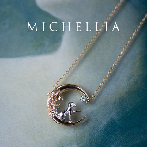 [Elune] Moonlight Pup in Rose Garden Solid Gold Necklace - One of A Kind Gift for Dog Lover & Ready-to-Ship Necklace michelliafinejewelry