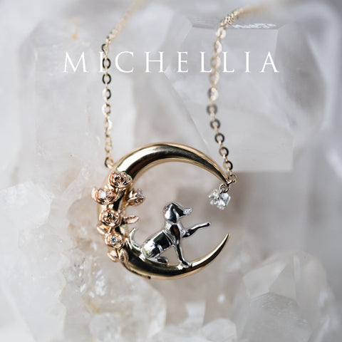 [Elune] Moonlight Pup in Rose Garden Solid Gold Necklace - One of A Kind Gift for Dog Lover & Ready-to-Ship Necklace michelliafinejewelry