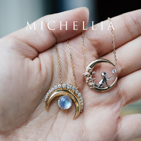 [Serena] Sailor Moon Inspired Moonstone Diamond Necklace in Solid 14K Yellow Gold - One of A Kind & Ready-to-Ship Necklace michelliafinejewelry