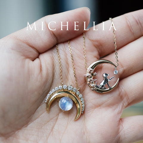 [Elune] Moonlight Pup in Rose Garden Solid Gold Necklace - One of A Kind Gift for Dog Lover & Ready-to-Ship Necklace michelliafinejewelry