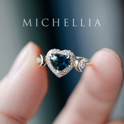 [Seraphina] Natural Teal Sapphire Heart Cut Moon Goddess Engagement Ring, 14K Yellow Gold - Ready to Ship & One of A Kind