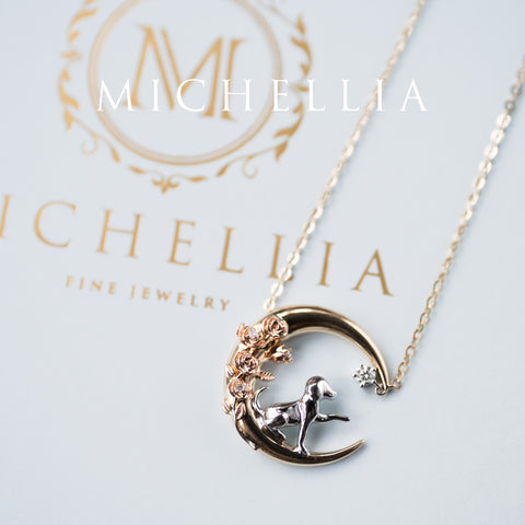 [Elune] Moonlight Pup in Rose Garden Solid Gold Necklace - One of A Kind Gift for Dog Lover & Ready-to-Ship Necklace michelliafinejewelry