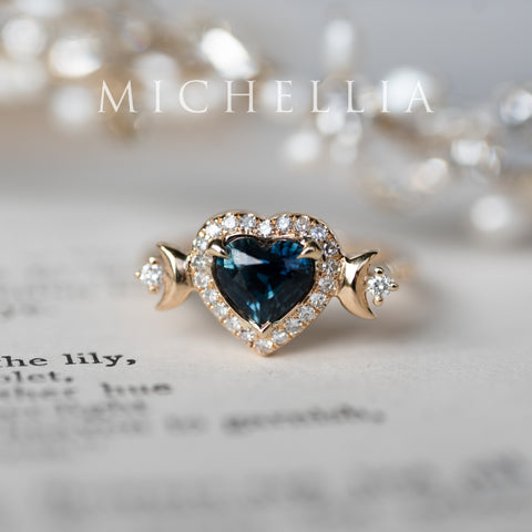 [Seraphina] Natural Teal Sapphire Heart Cut Moon Goddess Engagement Ring, 14K Yellow Gold - Ready to Ship & One of A Kind