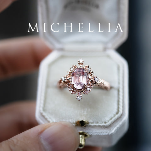 [Marietta] Ready-to-Ship Belle Époque Peach Pink Sapphire Oval Engagement Ring with Diamond, One of A Kind Women's Ring michelliafinejewelry