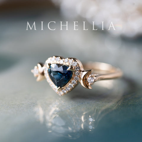 [Seraphina] Natural Teal Sapphire Heart Cut Moon Goddess Engagement Ring, 14K Yellow Gold - Ready to Ship & One of A Kind