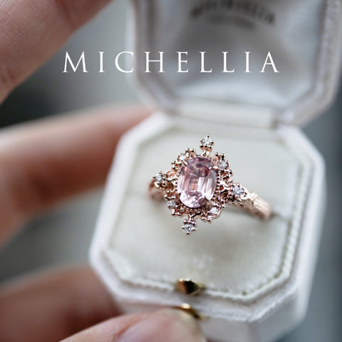 [Marietta] Ready-to-Ship Belle Époque Peach Pink Sapphire Oval Engagement Ring with Diamond, One of A Kind Women's Ring michelliafinejewelry