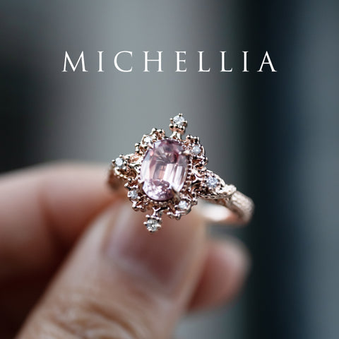[Marietta] Ready-to-Ship Belle Époque Peach Pink Sapphire Oval Engagement Ring with Diamond, One of A Kind Women's Ring michelliafinejewelry