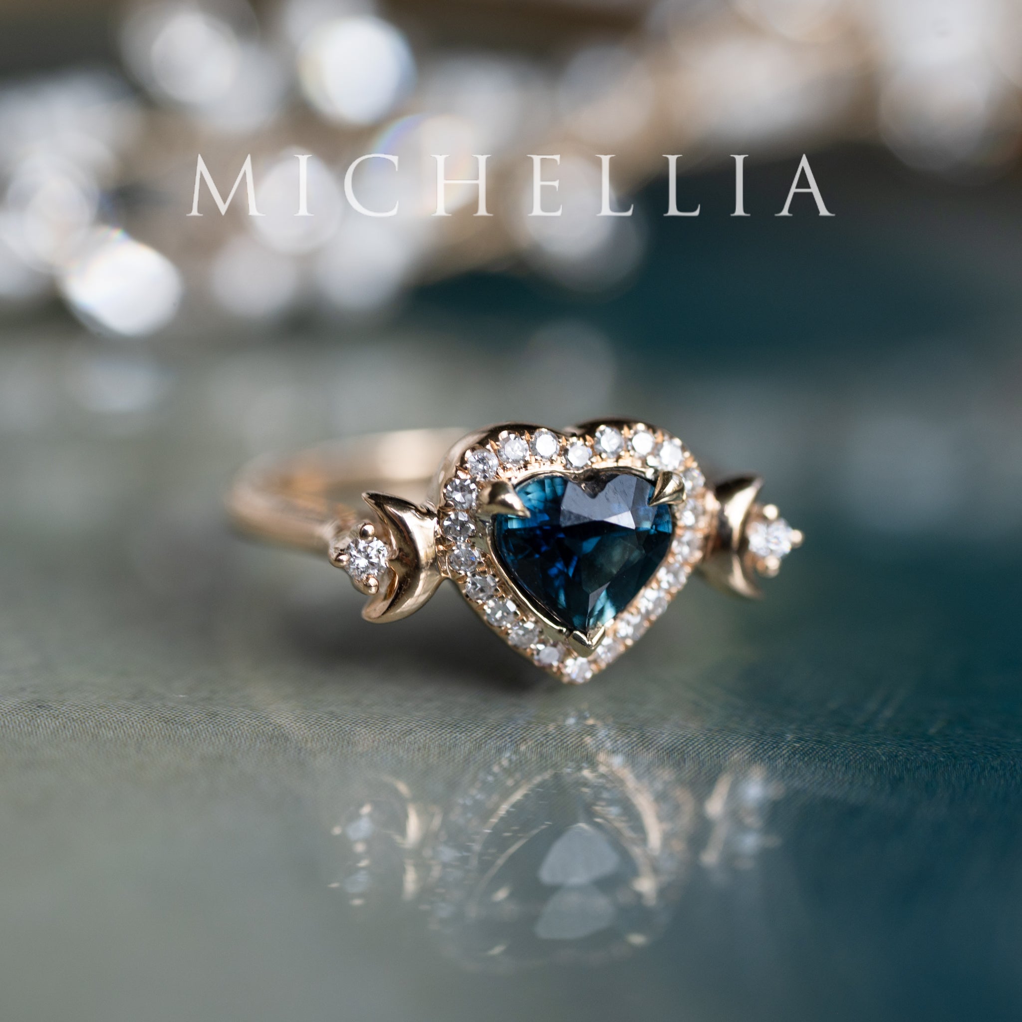 [Seraphina] Natural Teal Sapphire Heart Cut Moon Goddess Engagement Ring, 14K Yellow Gold - Ready to Ship & One of A Kind