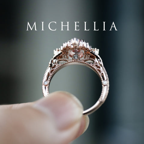 [Marietta] Ready-to-Ship Belle Époque Peach Pink Sapphire Oval Engagement Ring with Diamond, One of A Kind Women's Ring michelliafinejewelry