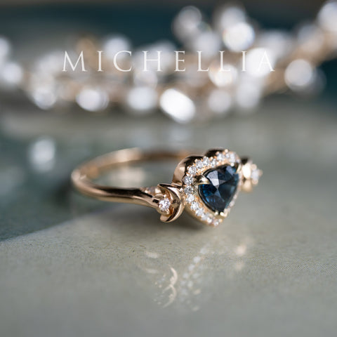 [Seraphina] Natural Teal Sapphire Heart Cut Moon Goddess Engagement Ring, 14K Yellow Gold - Ready to Ship & One of A Kind