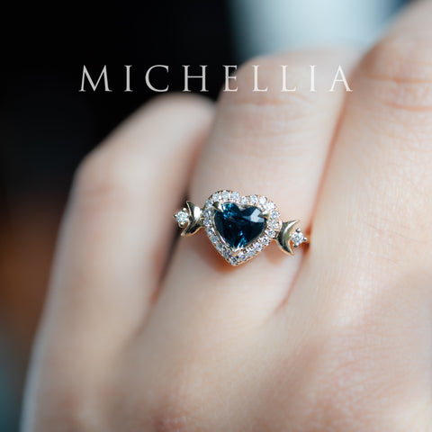 [Seraphina] Natural Teal Sapphire Heart Cut Moon Goddess Engagement Ring, 14K Yellow Gold - Ready to Ship & One of A Kind
