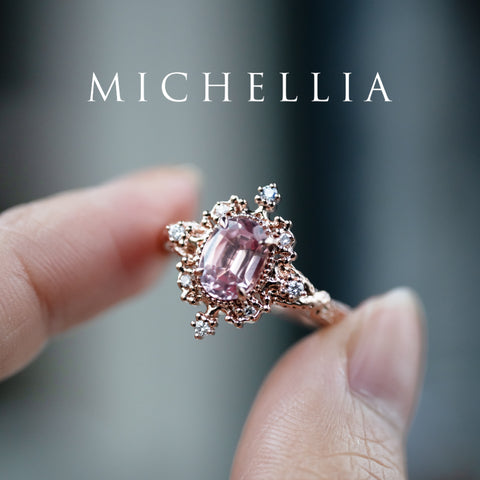 [Marietta] Ready-to-Ship Belle Époque Peach Pink Sapphire Oval Engagement Ring with Diamond, One of A Kind Women's Ring michelliafinejewelry