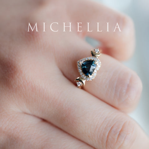 [Seraphina] Natural Teal Sapphire Heart Cut Moon Goddess Engagement Ring, 14K Yellow Gold - Ready to Ship & One of A Kind