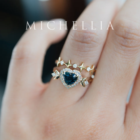 [Seraphina] Natural Teal Sapphire Heart Cut Moon Goddess Engagement Ring, 14K Yellow Gold - Ready to Ship & One of A Kind