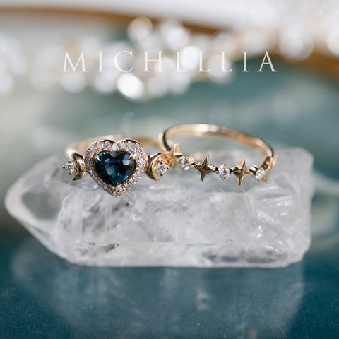 [Seraphina] Natural Teal Sapphire Heart Cut Moon Goddess Engagement Ring, 14K Yellow Gold - Ready to Ship & One of A Kind
