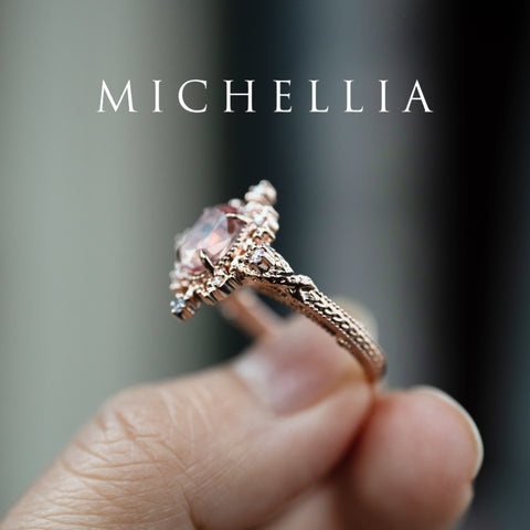 [Marietta] Ready-to-Ship Belle Époque Peach Pink Sapphire Oval Engagement Ring with Diamond, One of A Kind Women's Ring michelliafinejewelry