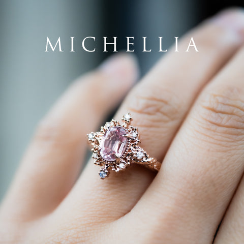[Marietta] Ready-to-Ship Belle Époque Peach Pink Sapphire Oval Engagement Ring with Diamond, One of A Kind Women's Ring michelliafinejewelry