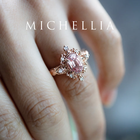 [Marietta] Ready-to-Ship Belle Époque Peach Pink Sapphire Oval Engagement Ring with Diamond, One of A Kind Women's Ring michelliafinejewelry