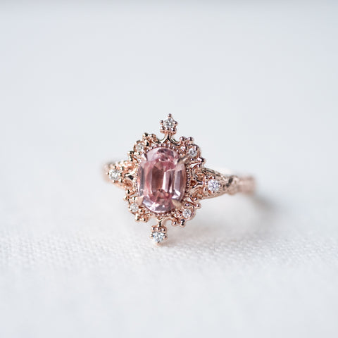 [Marietta] Ready-to-Ship Belle Époque Peach Pink Sapphire Oval Engagement Ring with Diamond, One of A Kind Women's Ring michelliafinejewelry