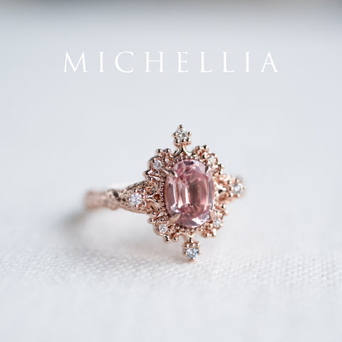 [Marietta] Ready-to-Ship Belle Époque Peach Pink Sapphire Oval Engagement Ring with Diamond, One of A Kind Women's Ring michelliafinejewelry